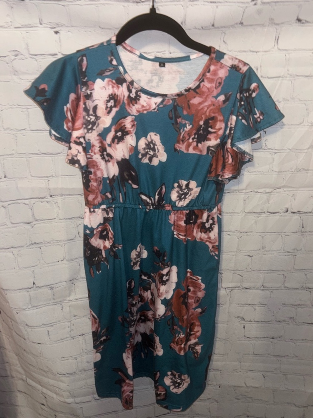 Teal Floral Short Sleeve kids XL Dress